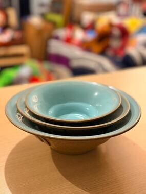 Japanese Studio Pottery Bowl Set Signed Teal Blue Glaze 3 Piece Vintage